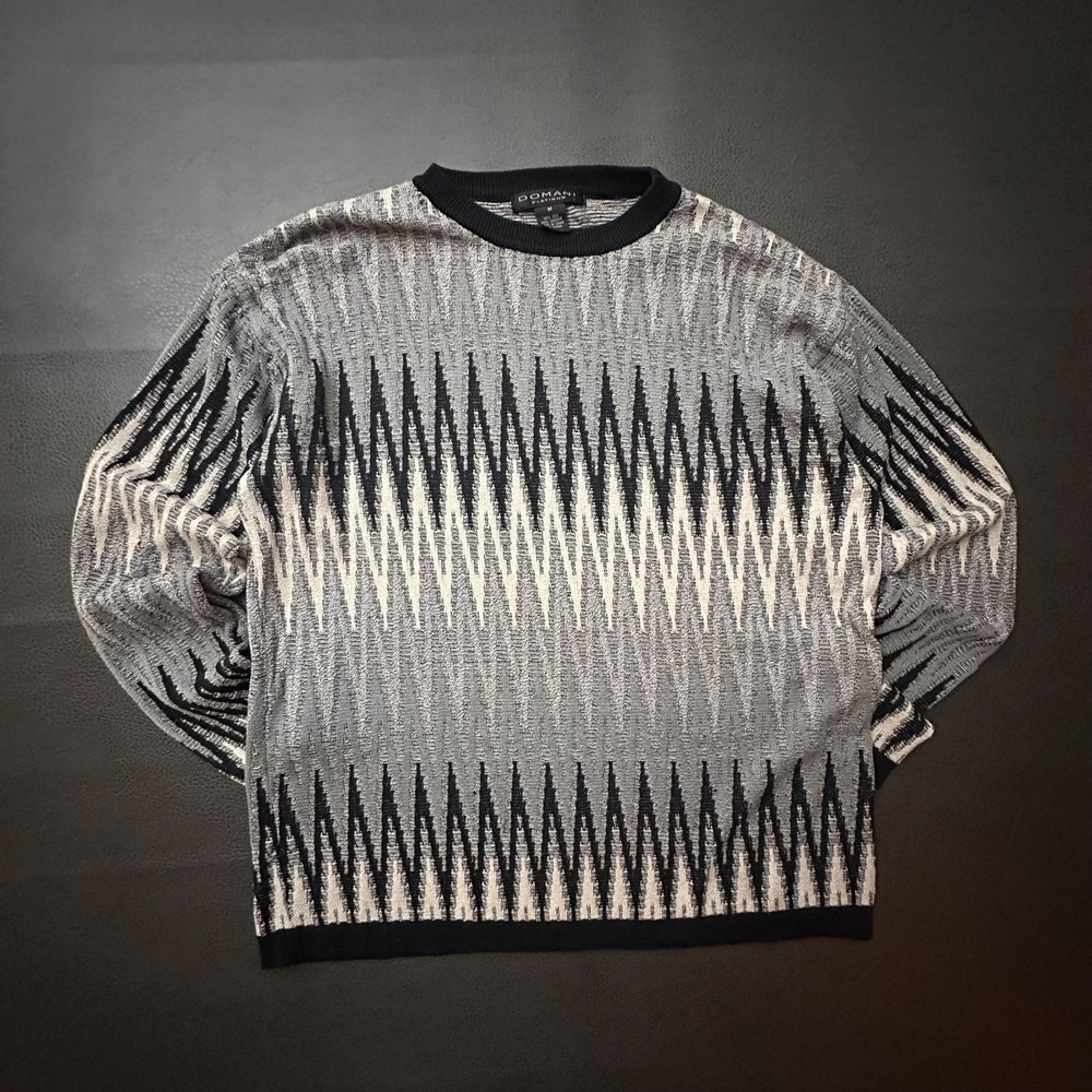 Vintage Domani Platinum Sweater Mens Medium Gray Silk Blend Zig Zag 1990s Retro